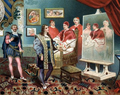 Rafaël werkt aan het portret van paus Leo X omringd door kardinalen Jules de Medicis (Giulio) (paus Clemens VII) door Unknown artist