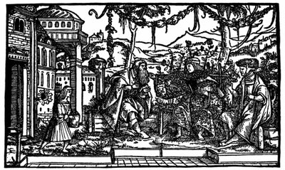 Raphaël Hythlodée, een reiziger die vijf jaar in Utopia doorbracht, vertelt Thomas More en Pierre Gilles over zijn reis. Houtsnede gepubliceerd in de editie van 
