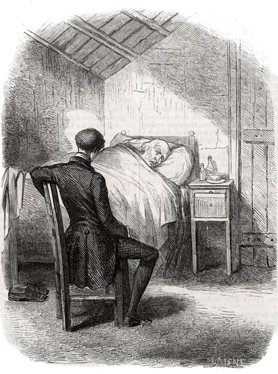 Rastignac bleef alleen bij de oude man, zittend aan het voeteneinde van het bed... Gravure midden 19e eeuw. Illustratie voor 