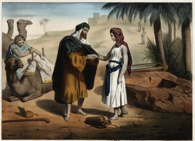 Rebecca en Eliezer bij de bron: Eliezer van Damascus, belast met het vinden van een vrouw voor Isaac in Mesopotamië, brengt Rebecca terug. Anonieme gravure uit de 19e eeuw. door Unknown artist