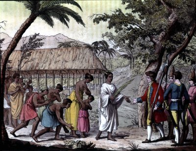 Ontvangst van de navigator Samuel Wallis door koningin Oberea in Tahiti. Navigaties van Cook, Milaan door Unknown artist