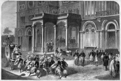 Ontvangst door de vicekoning van Egypte Ismail Pasha (1830-1895), van de consul-generaal van de Confederatie van Noord-Duitsland. Gravure in 