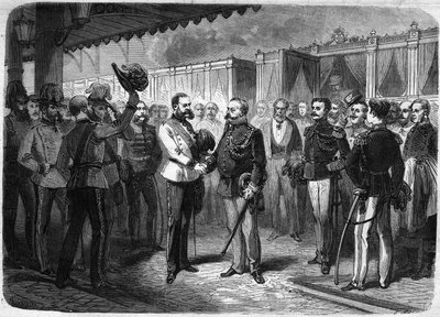 Ontvangst van de koning van Italië Vittorio Emanuele II door de keizer van Oostenrijk Frans Jozef I in Wenen in 1873. Gravure in 