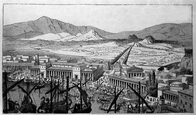 Heropbouw van de haven van Piraeus in Griekenland zoals in de oude periode. door Unknown artist