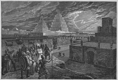 Reconstructie van de tempels en paleizen langs de rivier van Babylon - Mesopotamië: reconstructie van de stad Babylon, gebouwd onder het bewind van koning Nebukadnezar II. door Unknown artist