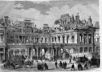 Reconstructiewerkzaamheden van het Koninklijk Paleis (Palais-Royal) in Parijs. Gravure in 