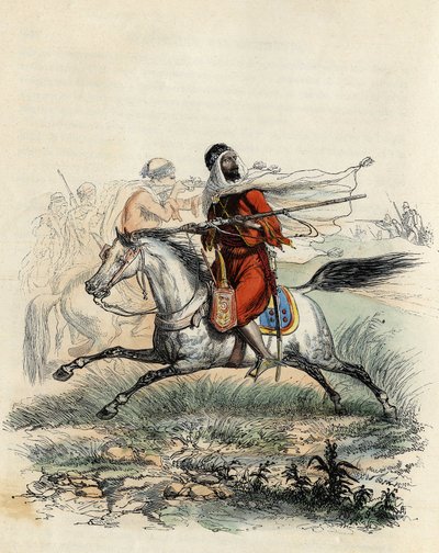 Rode ruiters van Emir Abd-el-Kader op de vlucht voor jagers te paard van het Franse leger in Oran in 1841, in 