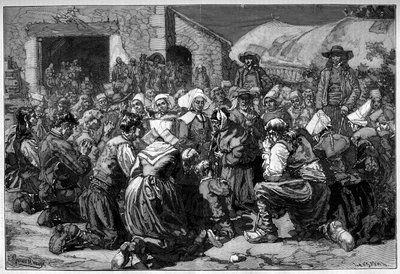 Regionale gewoonte van Frankrijk, Bretons huwelijk: bedelaars bidden voor de echtgenoten. Gravure in 