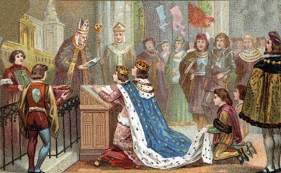 Relatie van Bretagne met Frankrijk: Lodewijk XII (1462-1515) trouwde met Anne de Bretagne (1477-1514). Hun huwelijk herenigde Bretagne met Frankrijk (1499). Chromolithografie uit het einde van de 19e eeuw. door Unknown artist