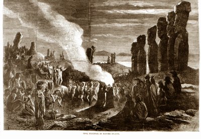 Religieuze ceremonie op Paaseiland (Rapa Nui), Polynesië. Gravure uit de 19e eeuw door Unknown artist