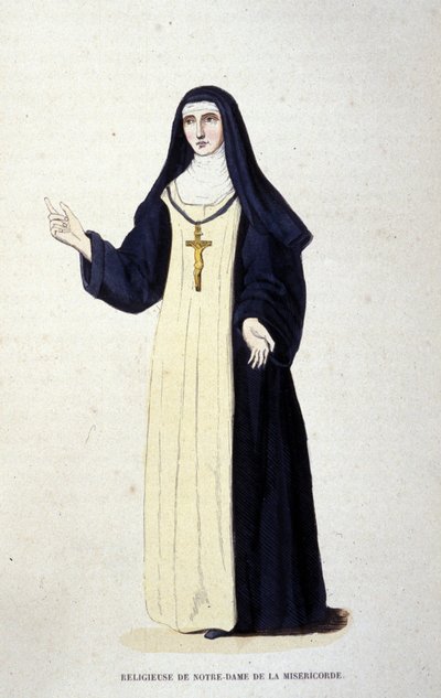 Religieuze van Onze-Lieve-Vrouw van Barmhartigheid. Gravure uit een album over religieuze orden, Parijs door Unknown artist