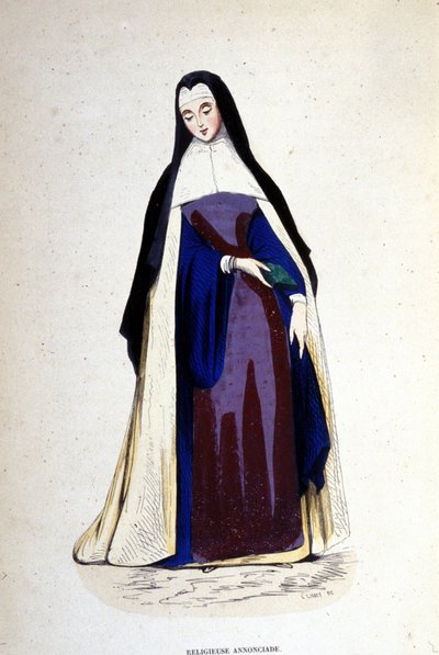 Religieuzen van de Orde van de Aankondiging, vrouwelijke congregatie gesticht in Bourges in 1501 door Jeanne de France. Gravure uit de 19e eeuw door Unknown artist