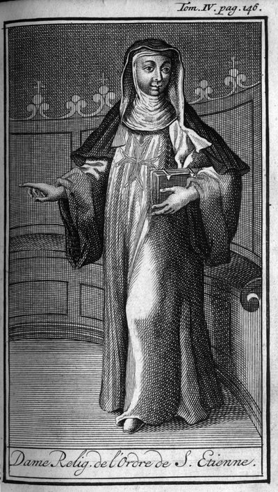 Religieuze orde. Religieuze Dame van de Orde van St. Stefanus in Toscane in de 16e eeuw. In History of Military Orders or Knights, Seculiere en Reguliere Militie van beide geslachten, die tot nu toe zijn opgericht. Editie genomen van Abbe Giustiniani, R door Unknown artist