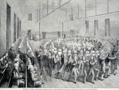 Religieuze processie van de Shakers in New York. Illustratie uit de 19e eeuw. door Unknown artist