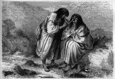Remedie voor de verkoudheid: de insufflatie van tabak onder Amerikaanse Indianen. Gravure in 