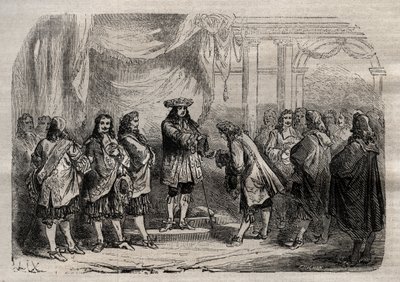 René Duguay-Trouin (1673-1736) ontvangt het kruis van Saint-Louis uit handen van koning Lodewijk XIV - gravure in 