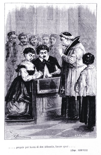 Huwelijk van Renzo en Lucia. Gravure in 