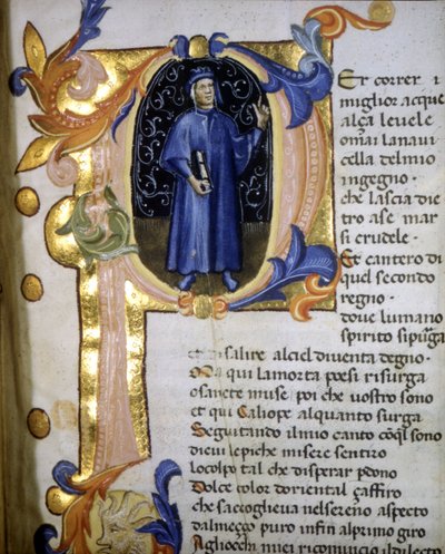 Voorstelling in een lettrine van de dichter Dante Alighieri (1265 - 1321), miniatuur 14e eeuw door Unknown artist
