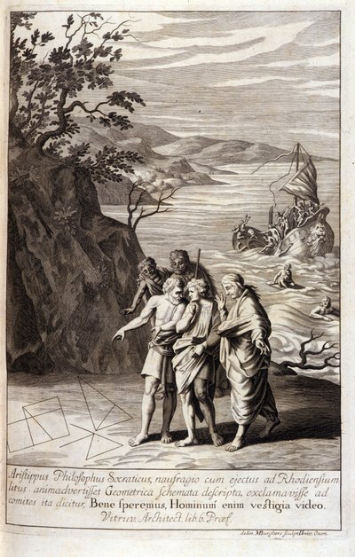 Voorstelling van Aristipus van Cyrene (435-356 v.Chr.) Griekse filosoof en leerling van Socrates, na het schipbreuk die hem op de kust van Rhodos wierp, ontdekt hij geometrische sporen in het zand. Gravure uit Boek XV van Euclides