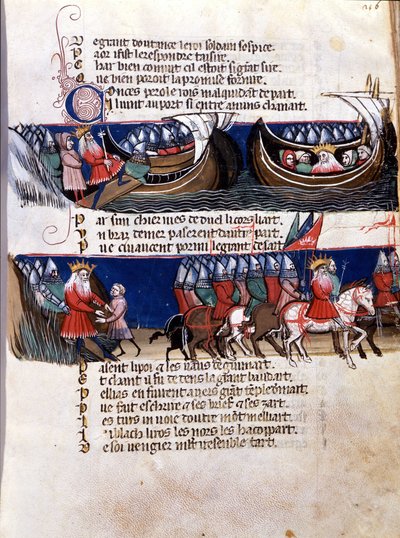 Voorstelling van Karel de Grote (742-814) tijdens zijn veroveringen: hij vaart op een schip en leidt zijn legers. Miniatuur uit het Frans-Italiaanse manuscript 
