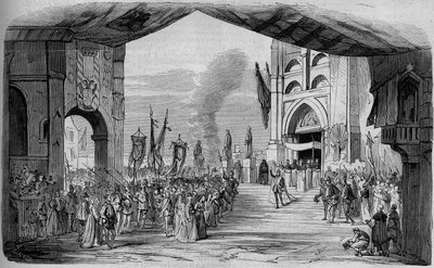 Voorstelling van Don Carlo (Don Carlos) Opera in 5 bedrijven door Giuseppe Verdi in de Parijse Opera op 11 maart 1867. De car da fe, 3e bedrijf, decor van Cambon en Thierry. Gravure uit 1867. door Unknown artist