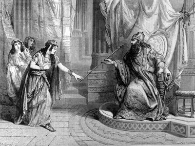 Voorstelling van Esther met de scepter van koning Ahasveros I (Xerxes I). Gravure uit de 19e eeuw door Unknown artist