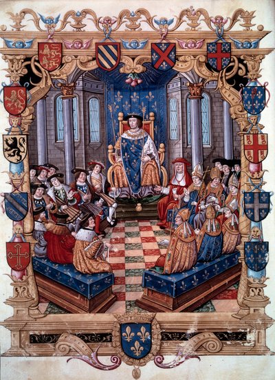 Voorstelling van koning Francois I (1494-1547) omringd door zijn twaalf gelijken. Uit een miniatuur. 16e eeuw. Chantilly, Conde Museum door Unknown artist