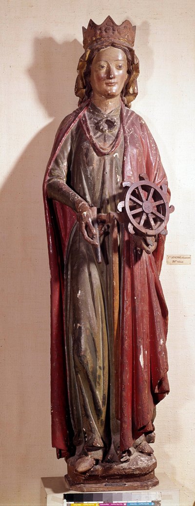 Voorstelling van St. Catharina van Alexandrië, met het rad instrument van haar marteling. Polychroom houten beeld door Unknown artist