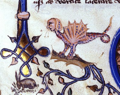 Voorstelling van een fantastisch dier half mens half draak. Miniatuur uit een 14e-eeuws manuscript door Unknown artist