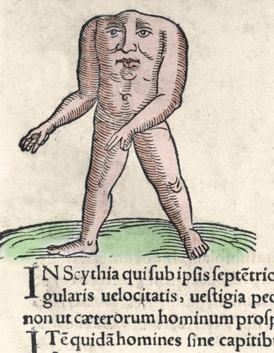 Voorstelling van een lid van de Blemmyi-stam in Nubië, beschreven zonder hoofd, zonder nek, en gezicht op de romp door Plinius de Oudere. Gravure uit “Prodigiorum ac ostentorum chronicon” door Conrad Lycosthenes (1518-1561). 1557. door Unknown artist