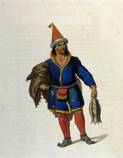 Voorstelling van een inheemse Sami (wonend in de gebieden van Noorwegen, Zweden, Rusland, Finland) terugkerend van het vissen. Gravure uit de 19e eeuw door Unknown artist