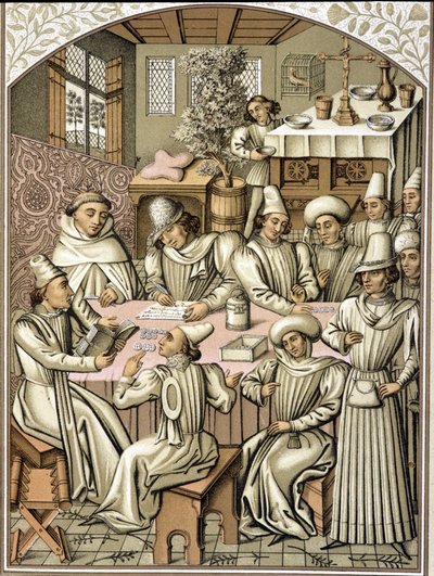 Weergave van ambtenaren in de 14e eeuw (chromolithografie uit het boek van rekeningen van de broederschap 