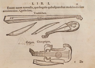 Voorstelling van snaarinstrumenten en boogschutter. Pagina uit Musurgia praktische handleiding voor muziek door Unknown artist