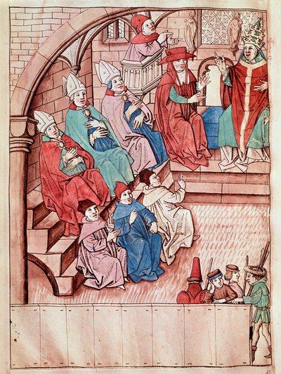 Afbeelding van het Concilie van Konstanz tussen 1414 en 1418, bovenaan Paus Martinus V Miniatuur uit de 