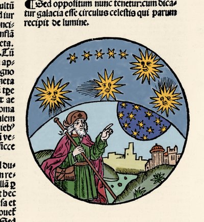 Voorstelling van de Griekse filosoof Aristoteles (384-322 v.Chr.) die de sterren aanwijst. Gravure uit 