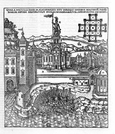 Voorstelling van de Zeven Wonderen van de Oudheid: het Mausoleum van Halicarnassus aan de Egeïsche Zee in het zuidwesten van Turkije. Gravure in 