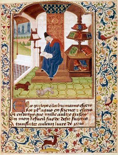 Voorstelling van de auteur die schrijft in zijn kantoor. Miniatuur uit 