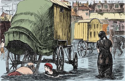 Voorstelling van de badcabine uitgevonden in 1750 door Benjamine Beale: vrouwen hebben direct toegang tot de zee vanuit deze door paarden getrokken wagen. Humoristische tekening uit 