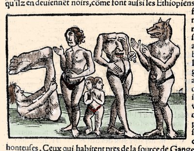 Weergave van de monsters beschreven door Amerigo Vespucci (1451-1512): van links naar rechts: een manopod, een cycloop, een man met twee hoofden, een man zonder hoofd en een man met een hondenkop of cynocephalus. Houtsnede uit Sebastien Munster