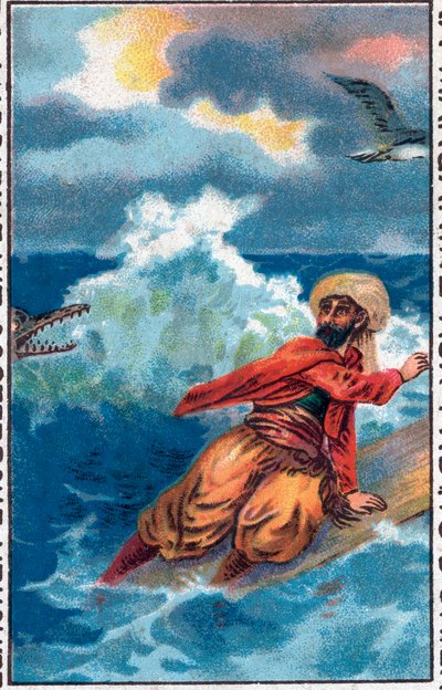 Redding op een plank. De wonderbaarlijke avonturen van Sinbad de zeeman. Populair verhaal uit 1001 nachten. Chromolithografie uit het einde van de 19e eeuw. door Unknown artist