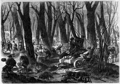 Restauratiewerkzaamheden in de Tuilerieëntuin in Parijs. Gravure in 