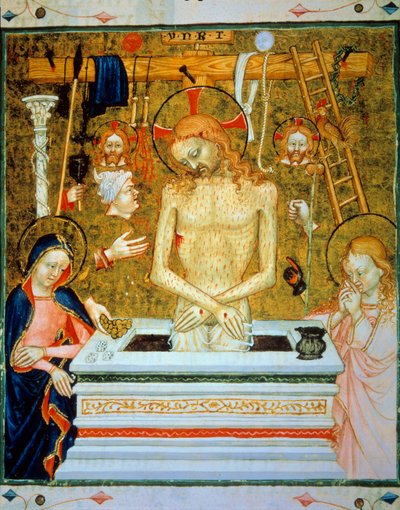 Opstanding van Christus: Christus komt uit het graf tussen de Maagd en Sint Jan met de instrumenten van passie door Unknown artist