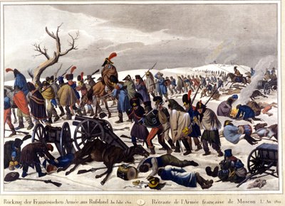 Terugtrekking van het Franse leger uit Moskou in 1812. Gravure uit de 19e eeuw door Unknown artist