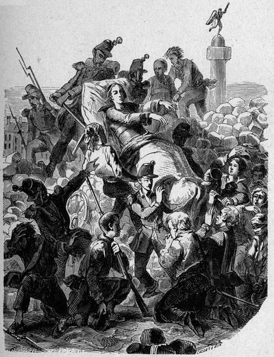 Revolutie 1848: "De aartsbisschop Denis Affre (1793-1848) gewond en op een brancard gedragen in 1848." door Unknown artist