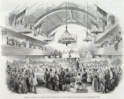 Revolutie van 1848: Broederschapshal, Rue Martel, de voorzitter schorste de zitting bij de binnenkomst van de commissaris in de zaal door Unknown artist