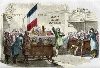 Revolutie van 1848: bijeenkomst van de Republikeinse Club in Parijs in 1848. De muur leest de Republikeinse leus 