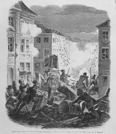 Revolutie van maart 1848: barricade in Berlijn op 19/03/1848 door Unknown artist