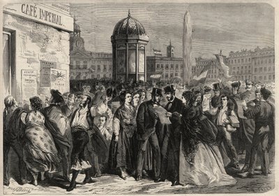 Revolutie van september 1868 in Spanje (Gloriosa): het voorlezen van het manifest van de junta, in de straat van Alcala in Madrid. Gravure in 