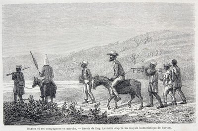 Richard Francis Burton, Britse ontdekkingsreiziger (1821-1890), en zijn metgezellen in Afrika. Tekening ter illustratie van het artikel 