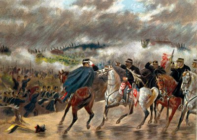 Italiaanse Campagne (1859): Victor Emmanuel II tijdens de Slag bij San Martino leidde de Piemontese troepen tegen het Oostenrijkse leger op 24/06/1859. Privécollectie door Unknown artist